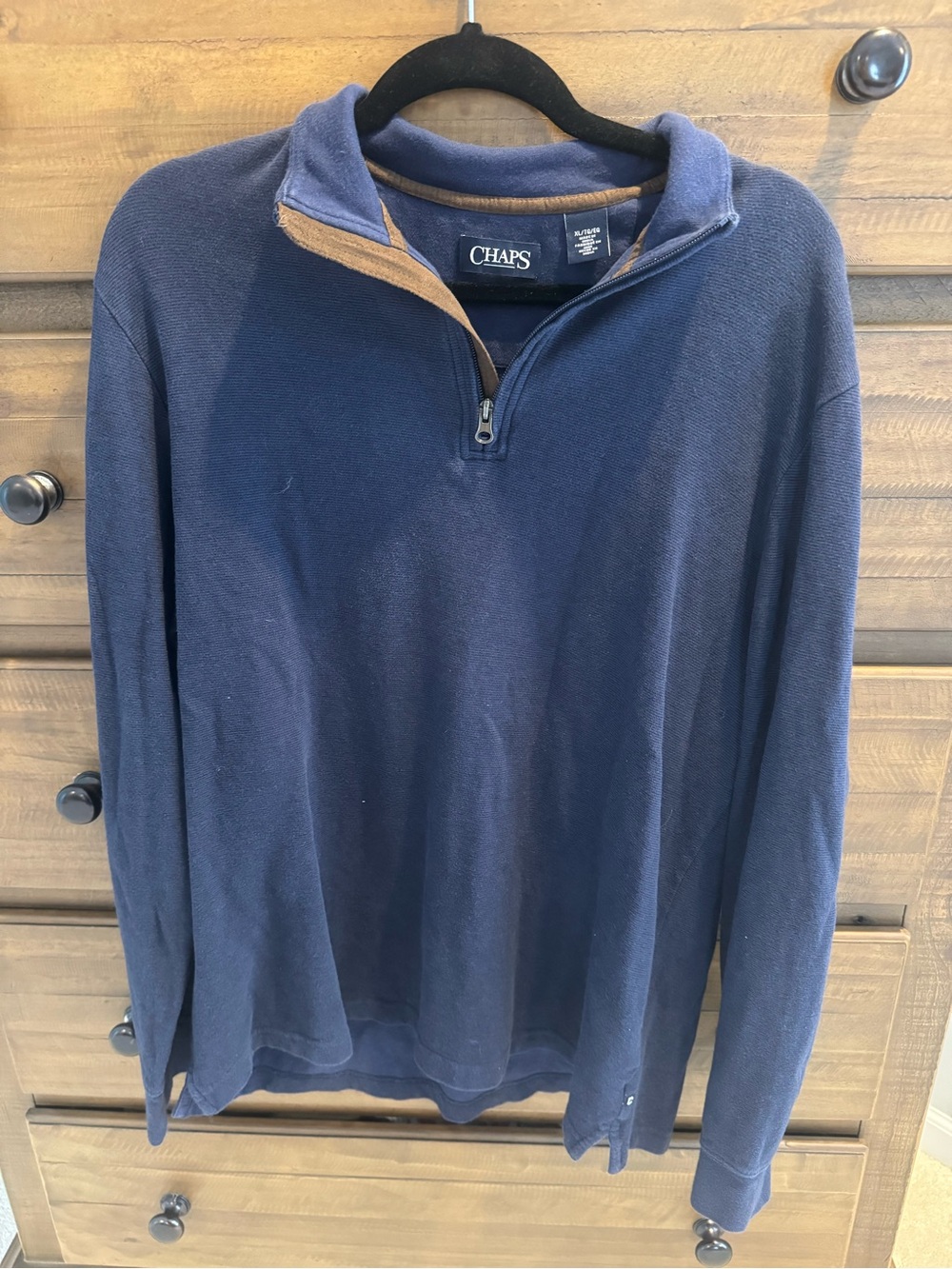 Chaps Men's Navy Half-Zip Sweater with Tan Trim